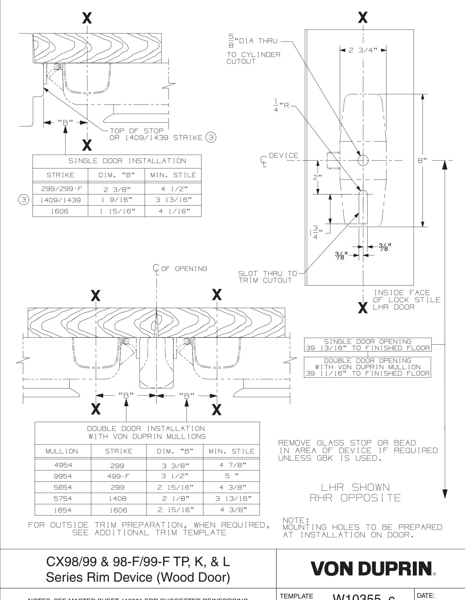 Von Duprin CX98, CX99, CX98-F, CX99-F TP, K, & L Series Rim Device For Wood Door Template diagram on page 1