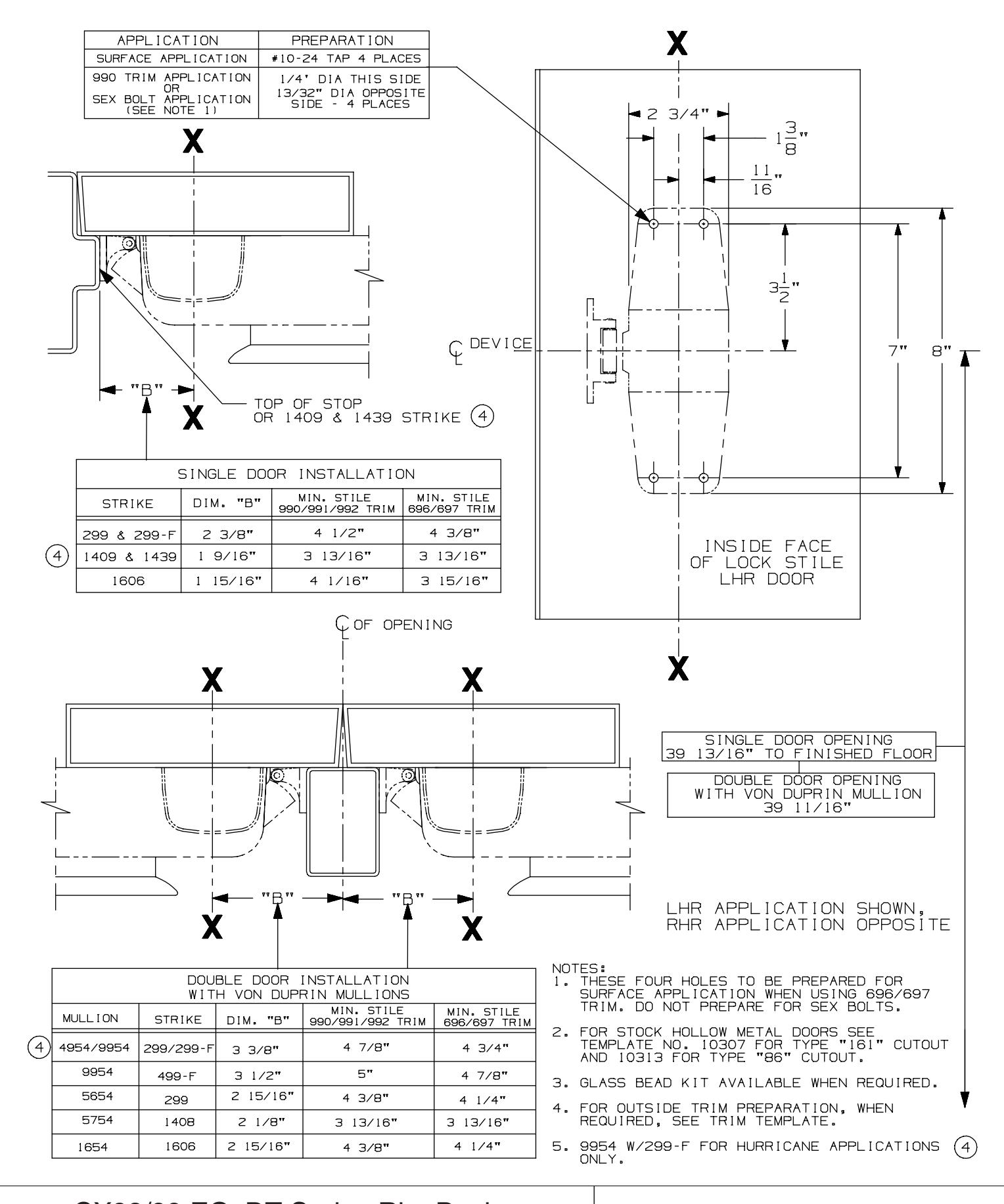 Von Duprin CX98 and CX99 EO, DT Rim Exit Device For Hollow Metal Applications Template diagram on page 1