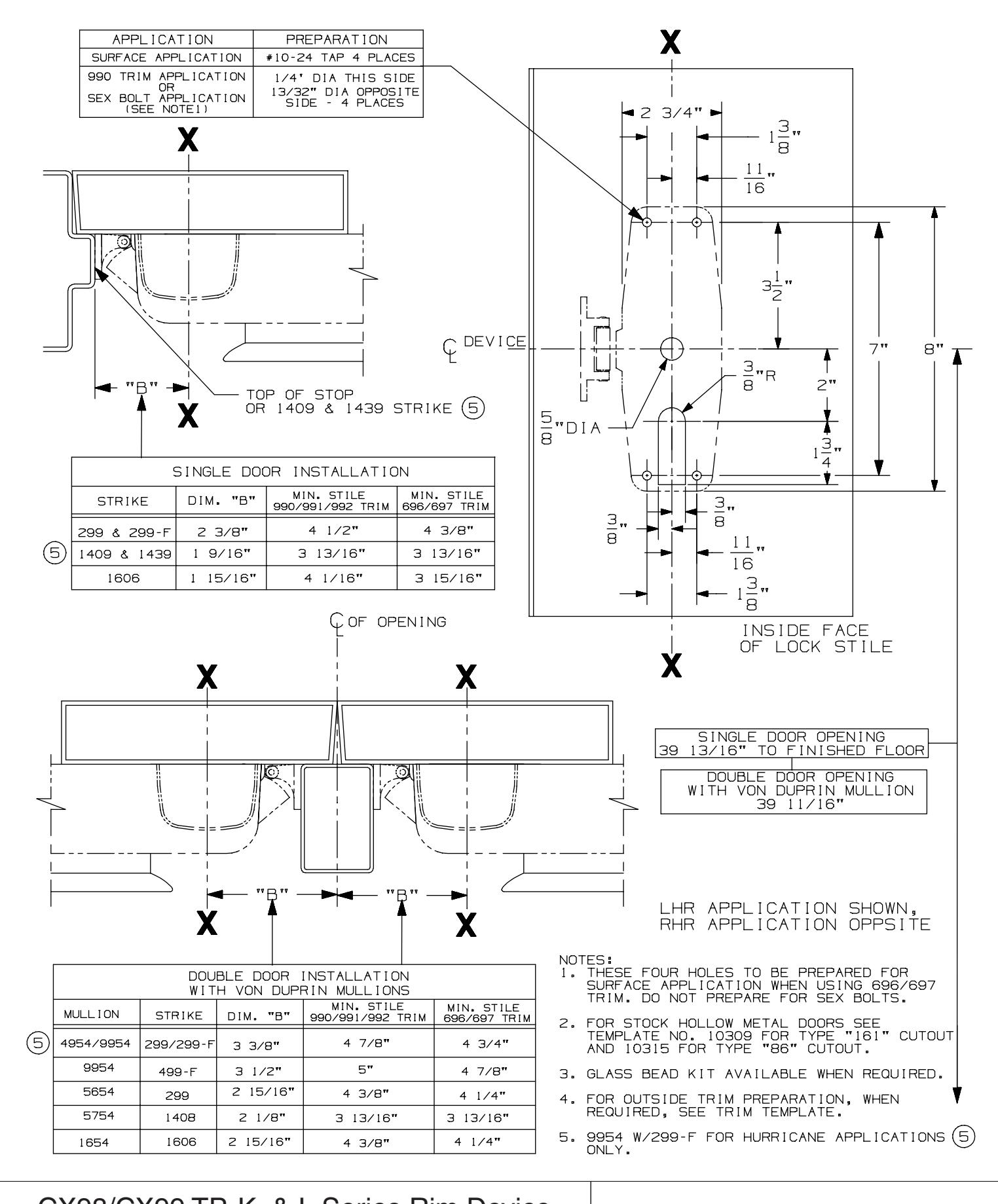 Von Duprin CX98 and CX99 K, L, TP Rim Exit Device For Hollow Metal Applications Template diagram on page 1
