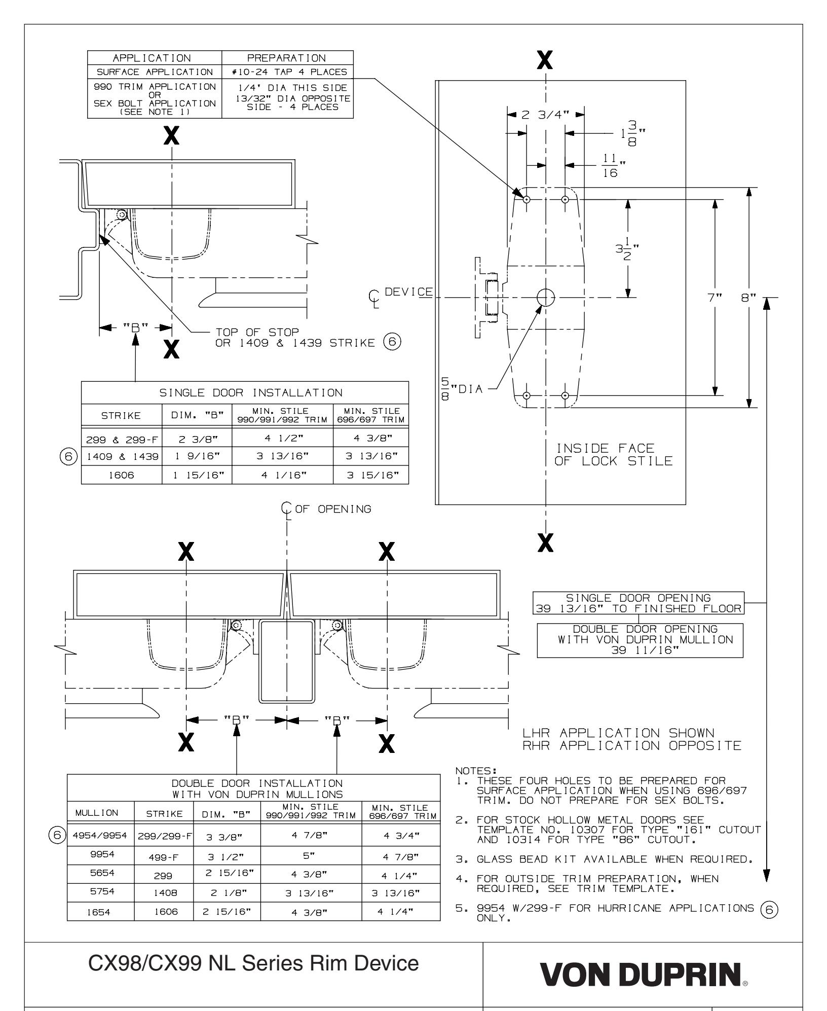 Von Duprin CX98 and CX99 NL, NL-OP Rim Exit Device For Hollow Metal Applications Template diagram on page 1