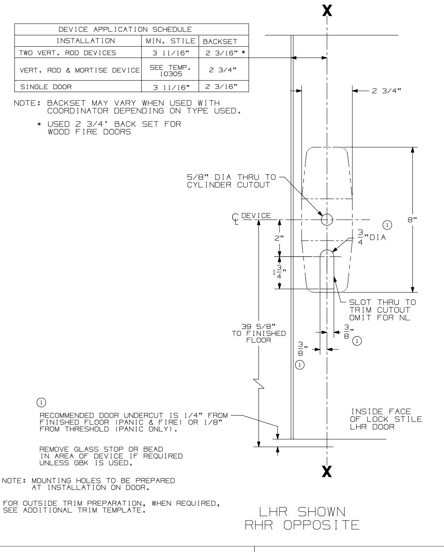Von Duprin CX9827, CX9927, CX9827-F, CX9927-F Series Surface Vertical Rod Device For Wood Door Template diagram on page 1