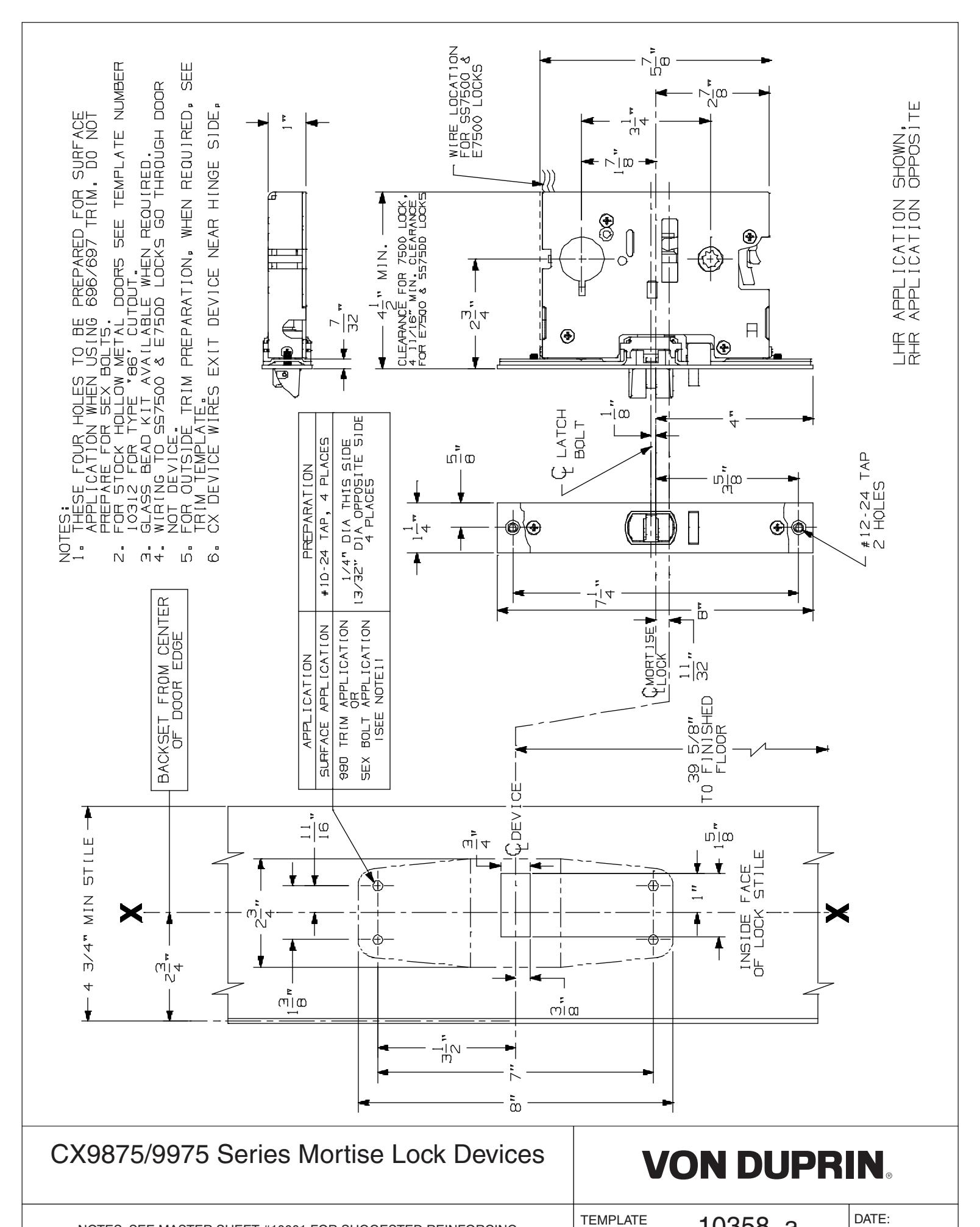 Von Duprin CX9875, CX9975, CX9875-F, CX9975-F Mortise Exit Device For Hollow Metal Applications Template diagram on page 1