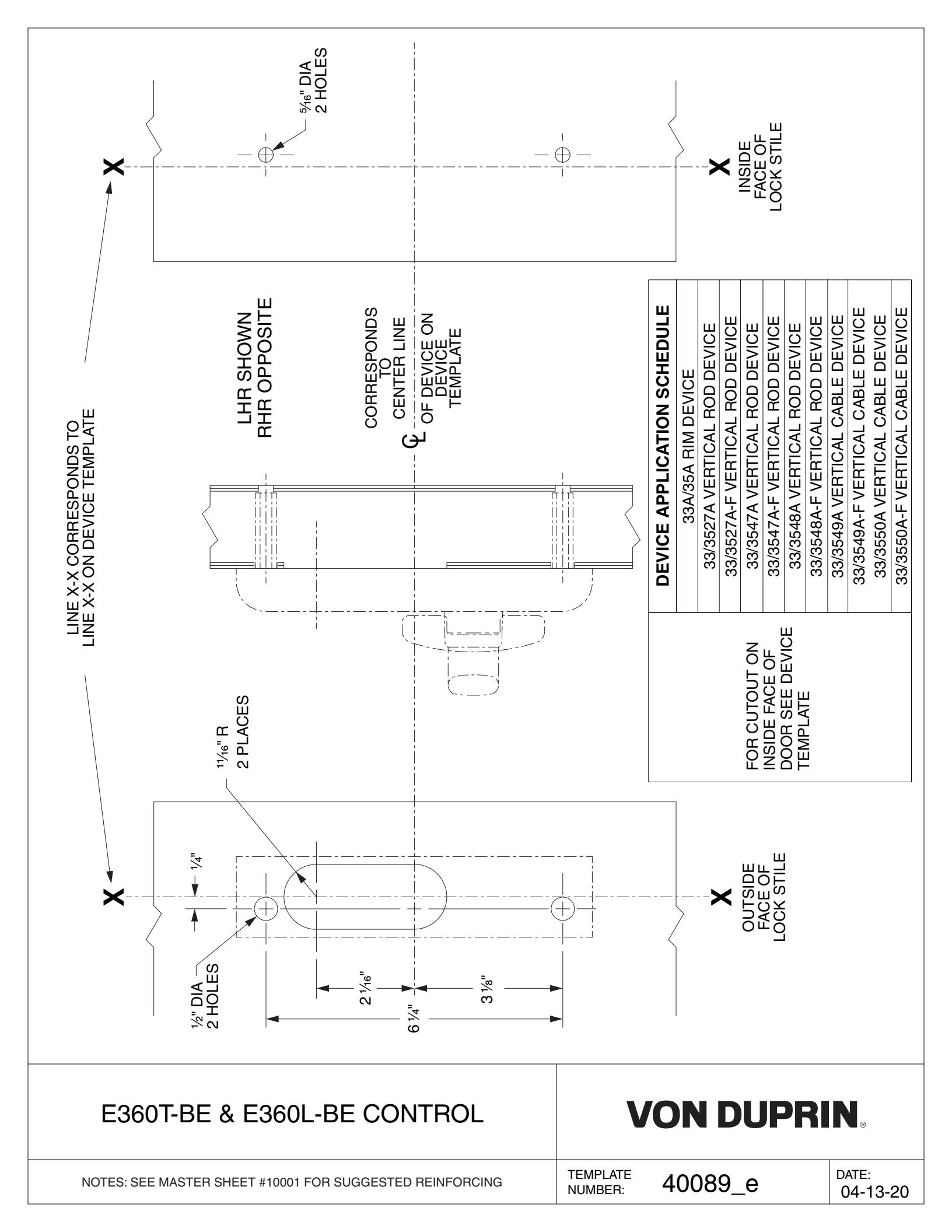 Von Duprin E360T, E360L Control Template diagram on page 1