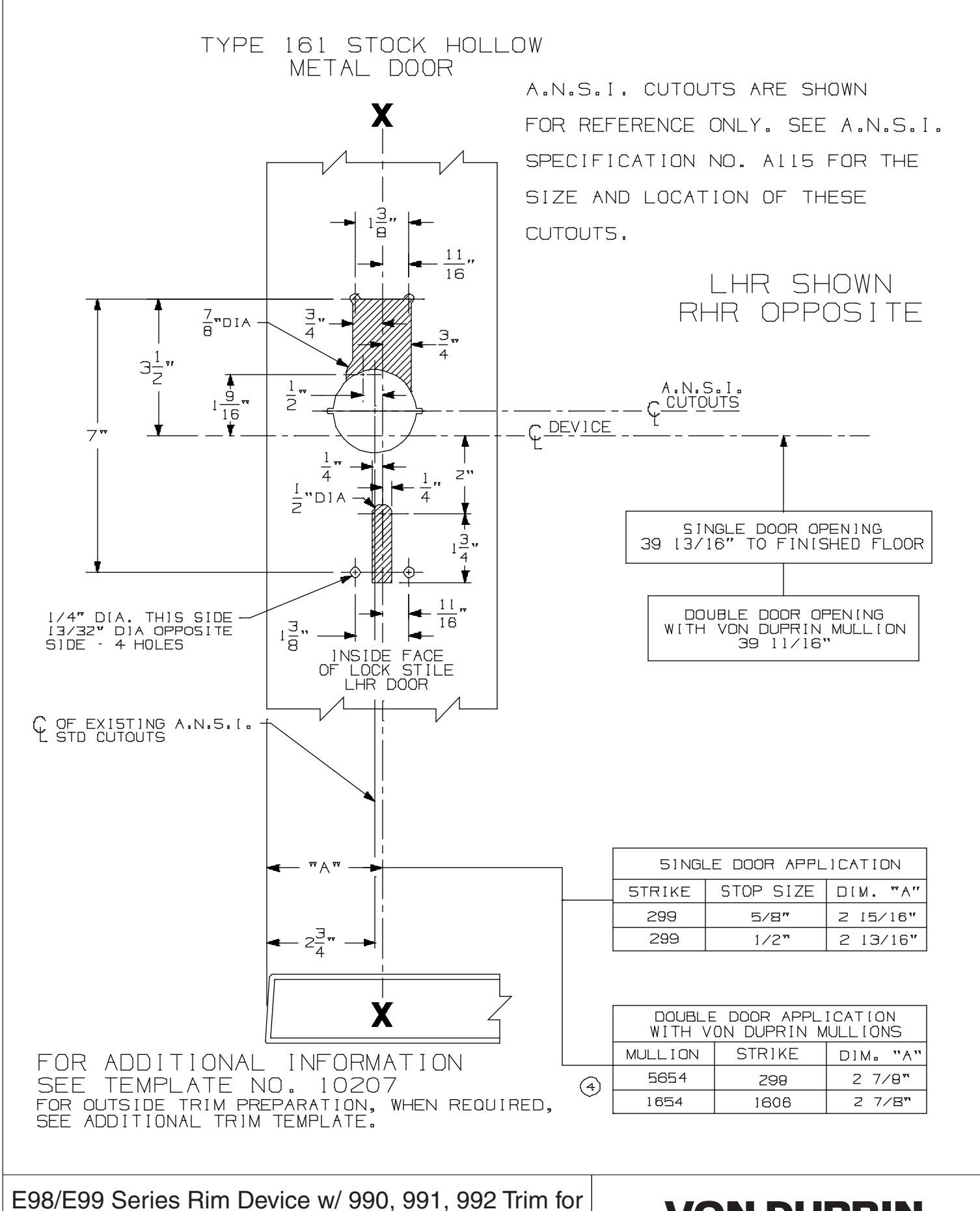 Von Duprin E98 and E99 Rim Electric Locking Device for Type “161” Stock Hollow Metal Applications Template diagram on page 1