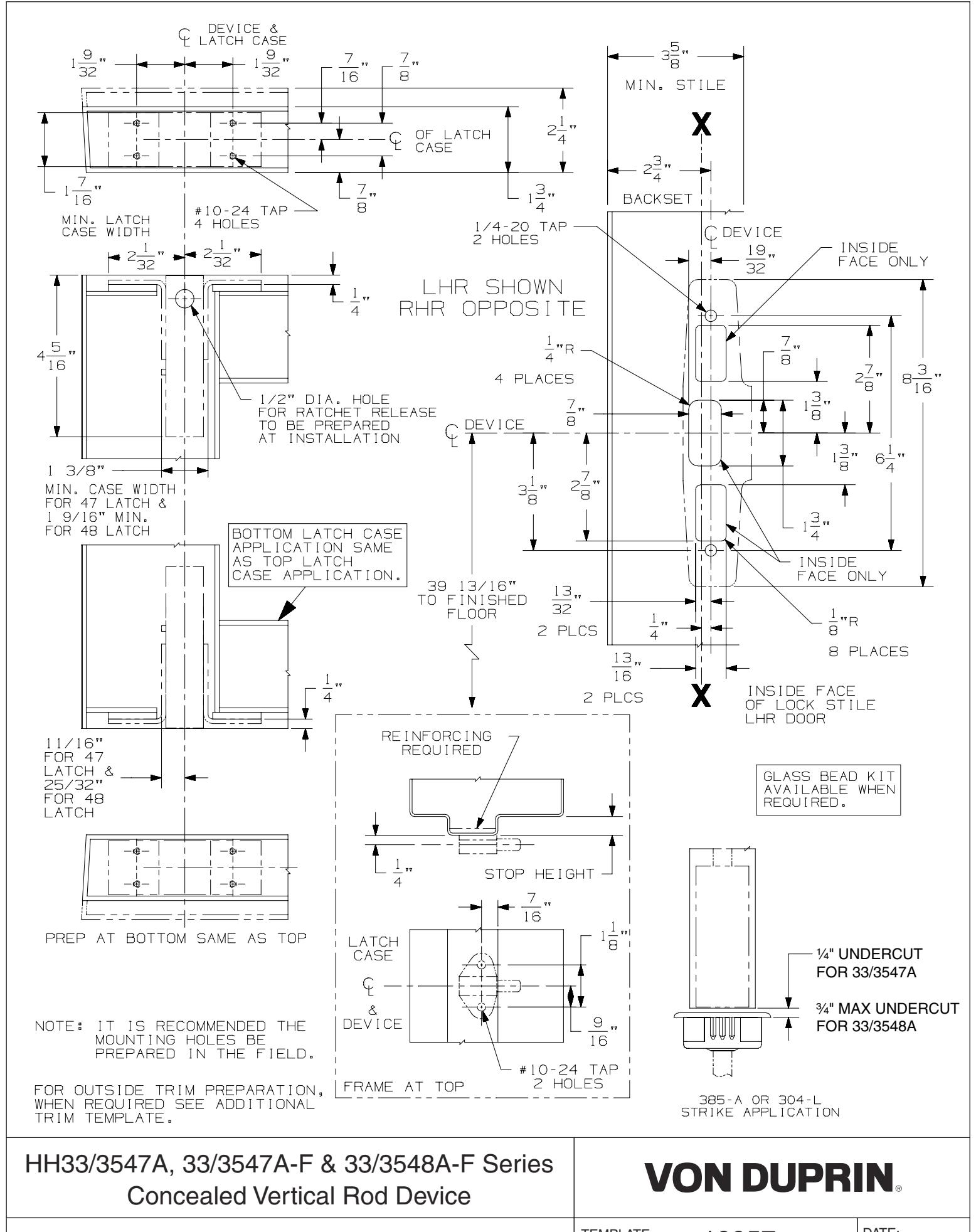 Von Duprin HH3347A, HH3547A 3347A-F, 3547A-F, 3348A-F & 3548A-F Concealed Vertical Rod Series Metal Door Template diagram on 