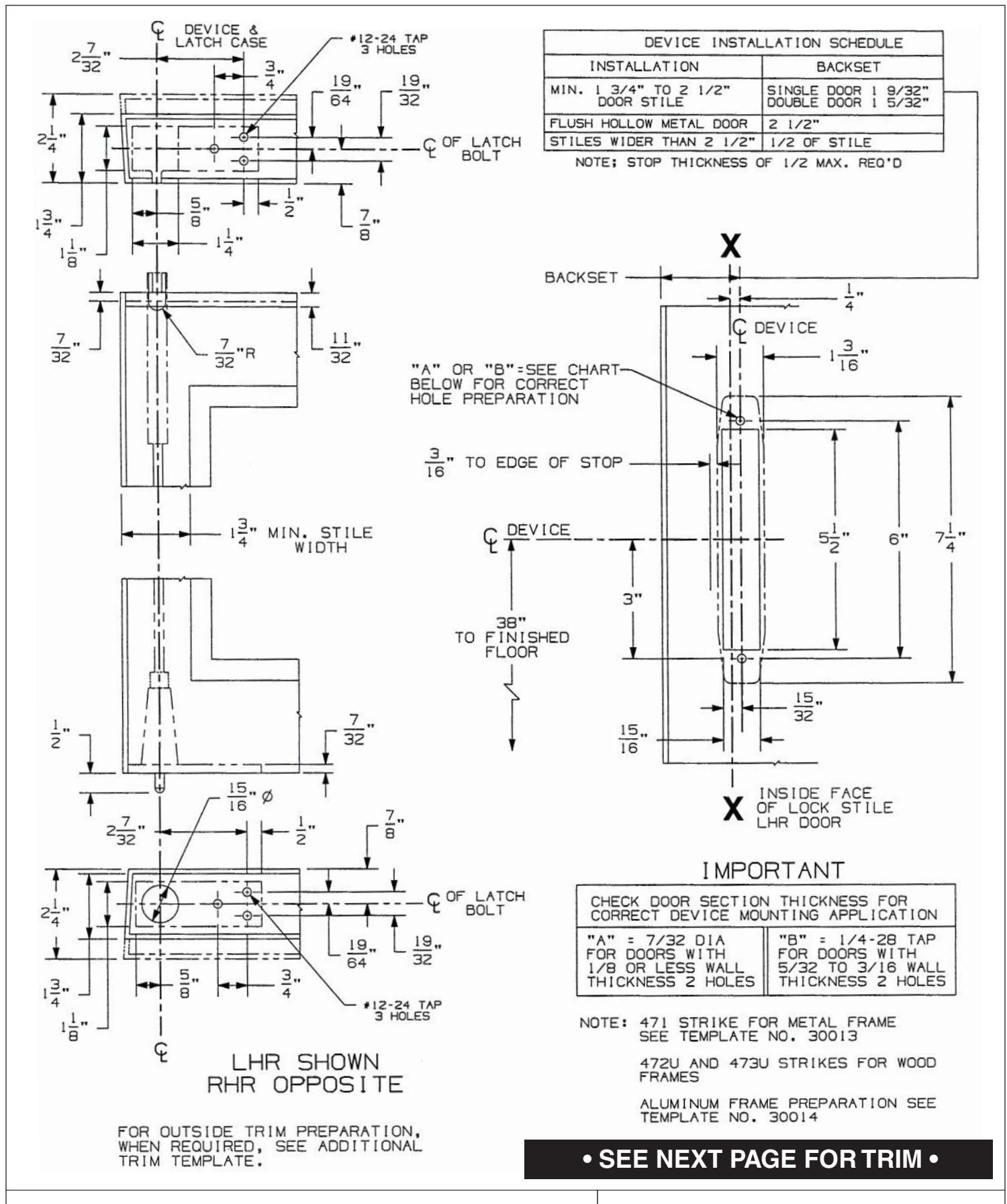 Von Duprin NY5547L @ 38 inch CL (For California) Vertical Rod Device For Metal Doors Template diagram on page 1