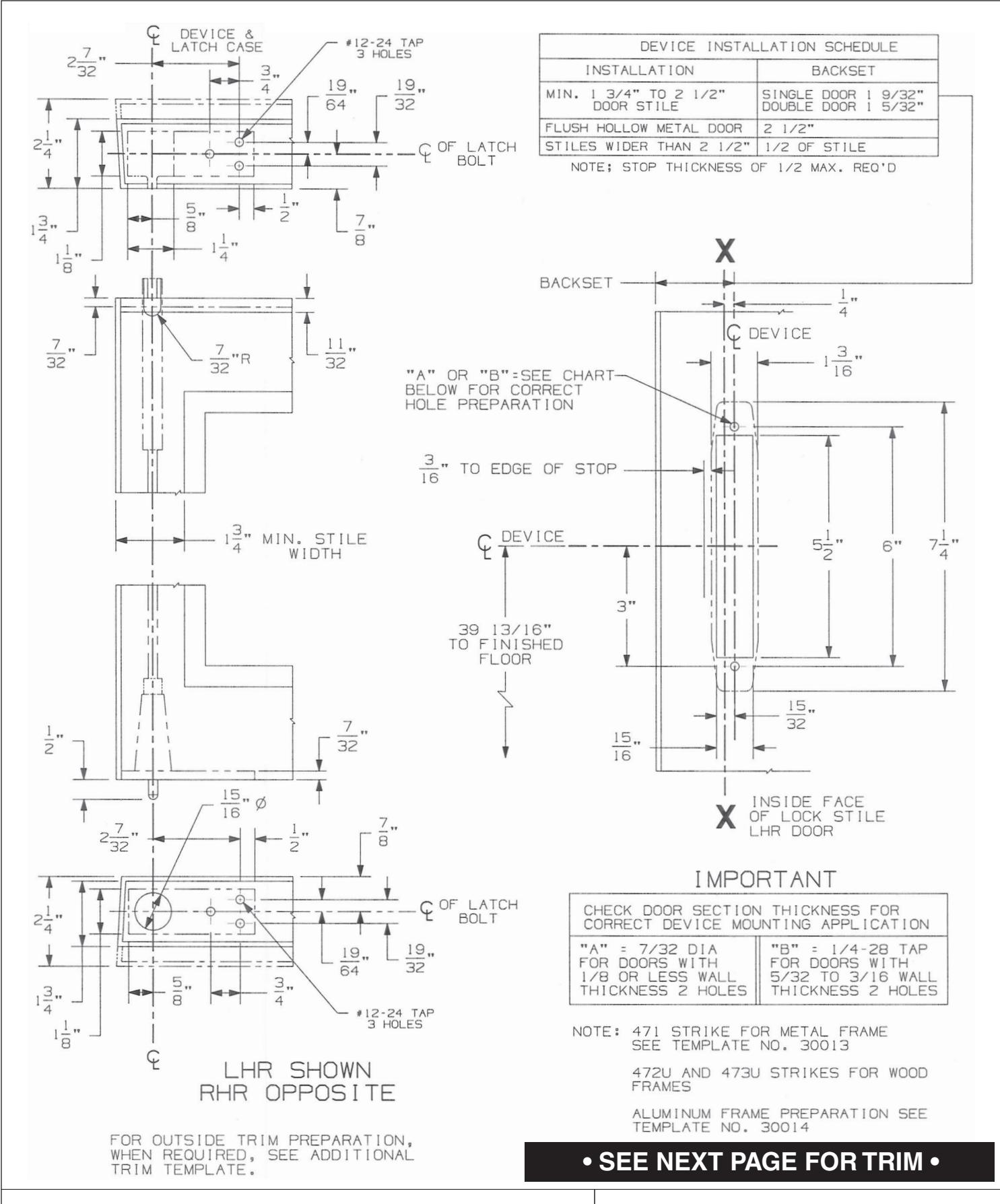 Von Duprin NY5547L @ 39-13by16 inch CL (Standard) Series Vertical Rod Device For Metal Doors Template diagram on page 1