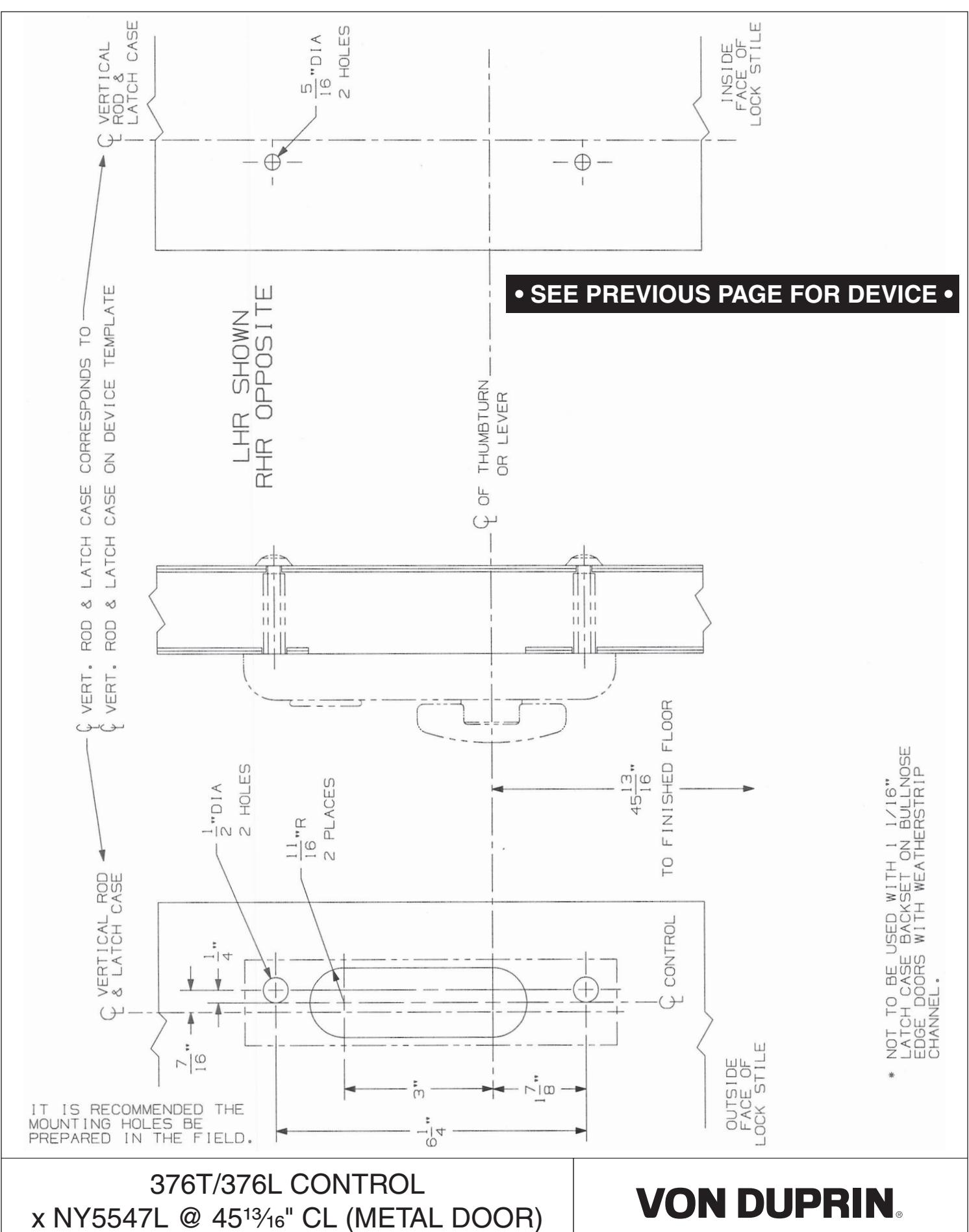 Von Duprin NY5547L @ 39-13by16 inch CL (Standard) Series Vertical Rod Device For Metal Doors Template diagram on page 2